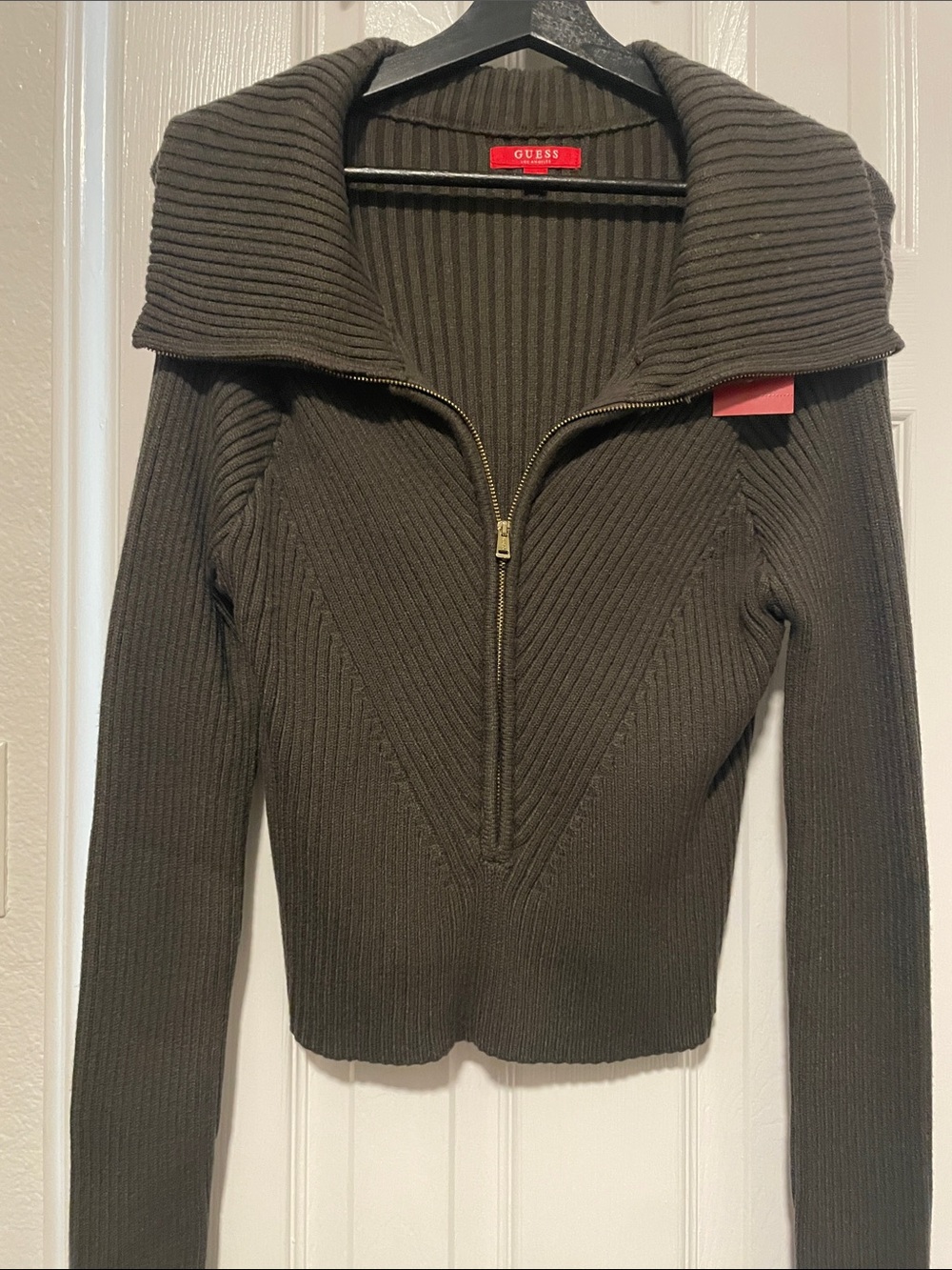 GUESS Olive Ribbed Zip-Neck Turtleneck Sweater